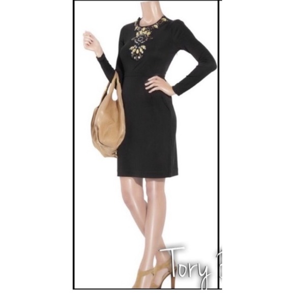 Tory Burch Dresses & Skirts - Tory Burch Silk Long Sleeve Dress S Embellished Removable Collar Necklace Event